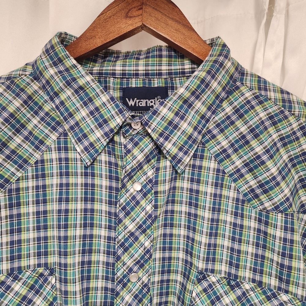 Wrangler Wrancher Shirt Mens Size 3X Pearl Snap Plaid Blue Green Cotton Vintage